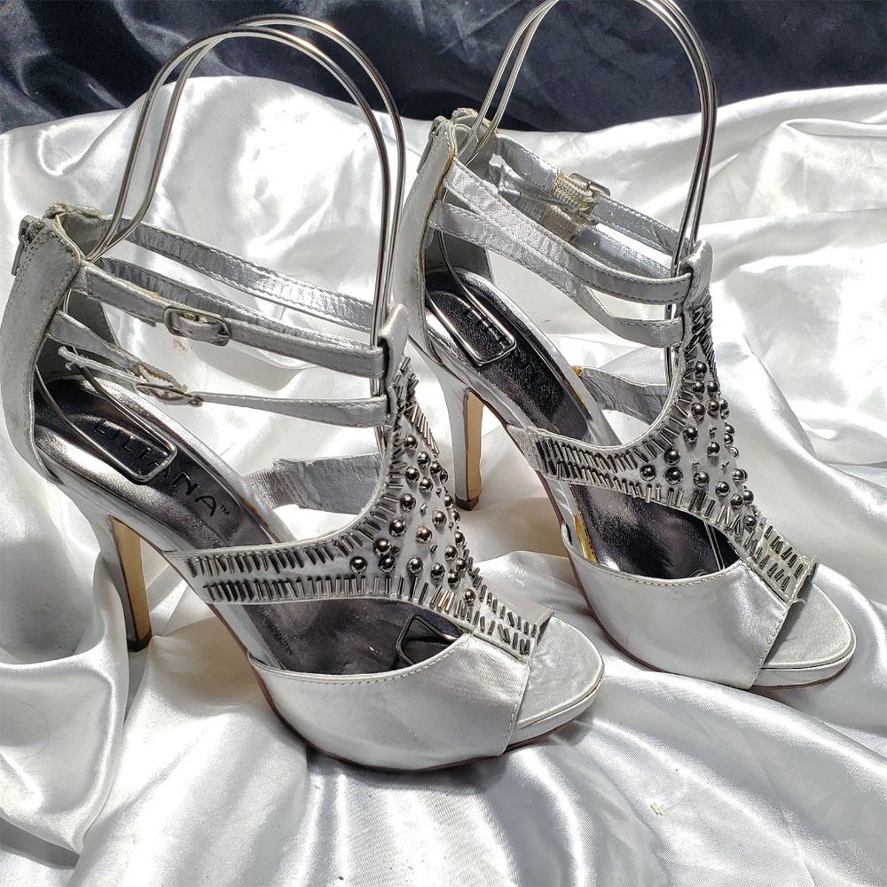 NEW LILIANA silver satin gladiator strappy platform heeled sandals silver studs